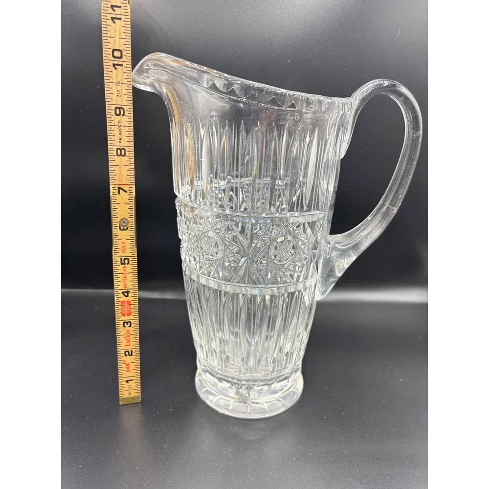 Vintage Cut Glass Water Pitcher Clear‎ Crystal Starburst Pattern 10 Inch Tall